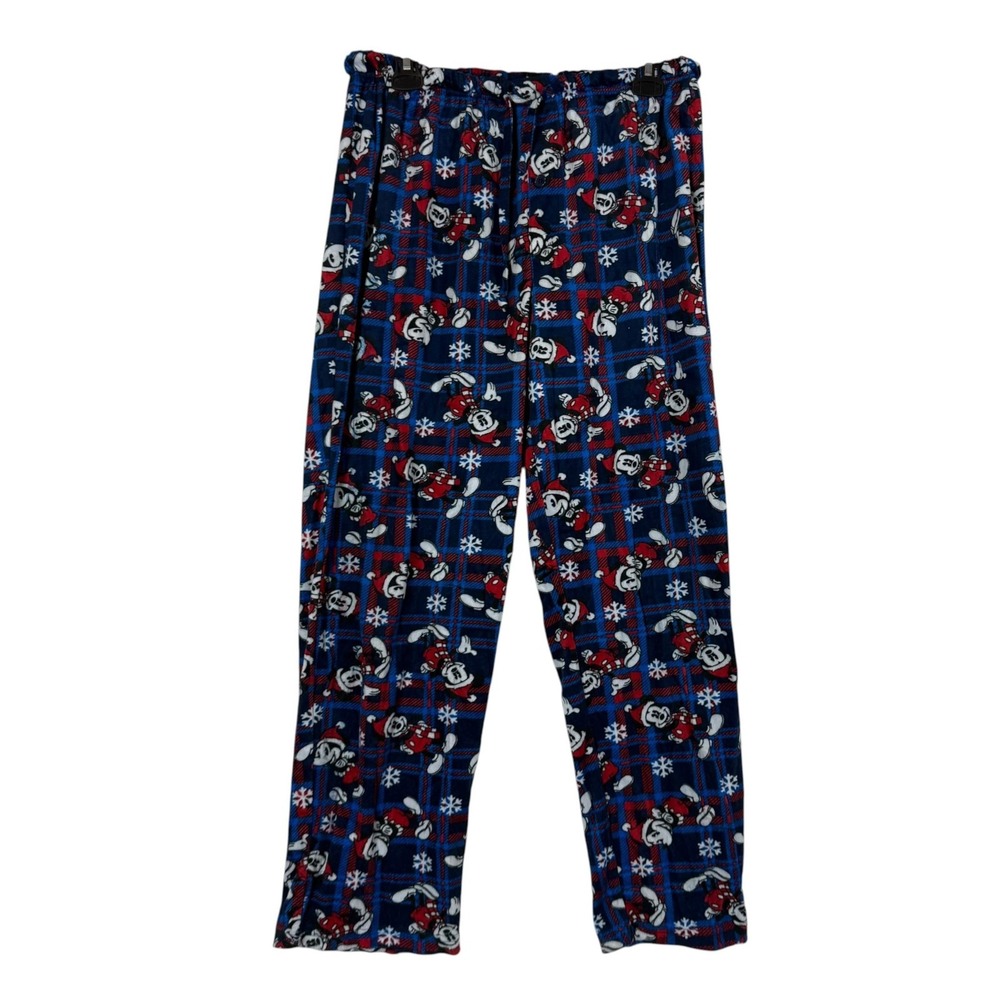 Disney Pajama Pants Mens Medium Blue Mickey Mouse Fleece Plaid Christmas Lounge